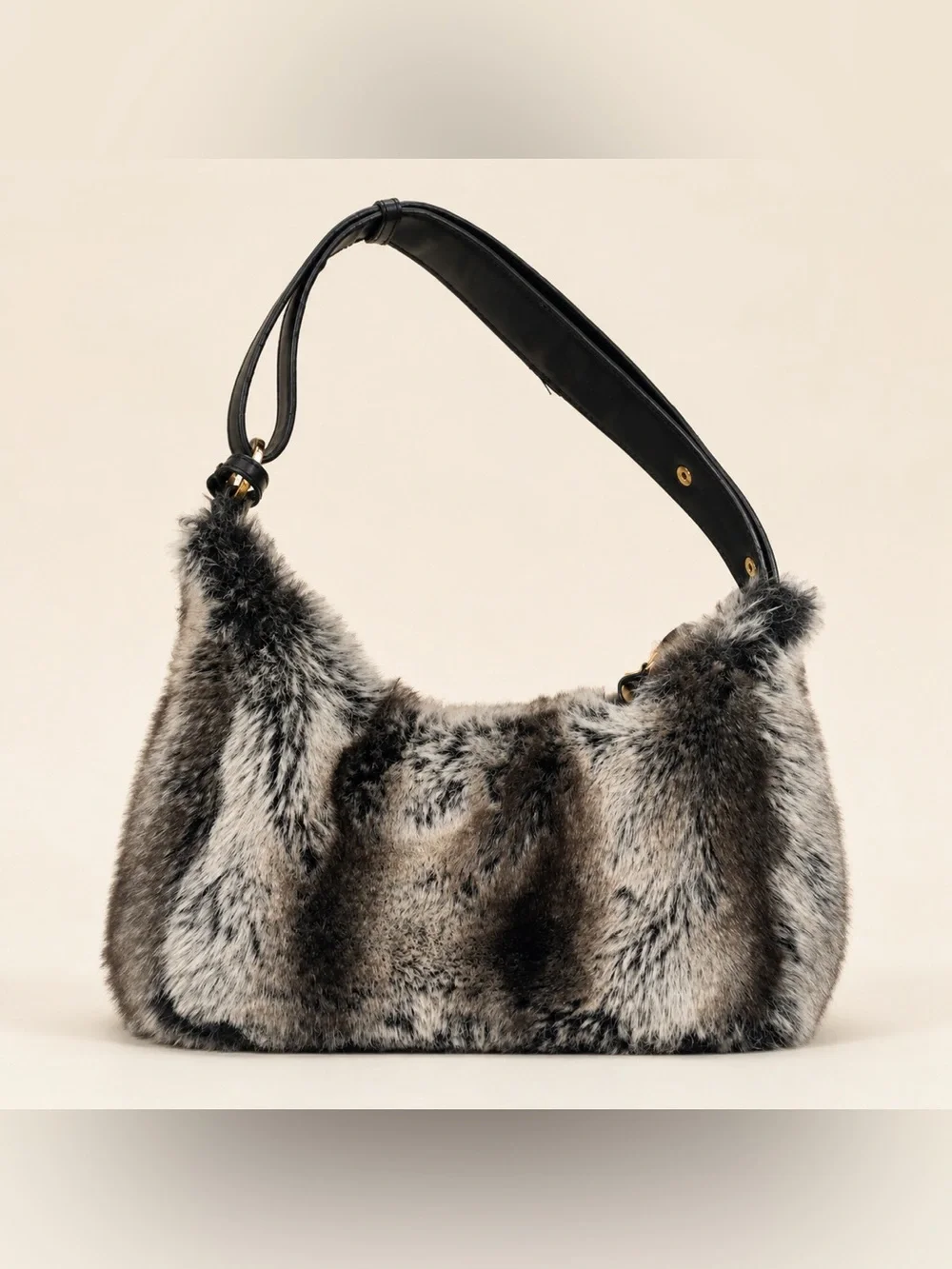 Bueno Faux Fur Hobo Shoulder Bag Y2K Gray Black Purse